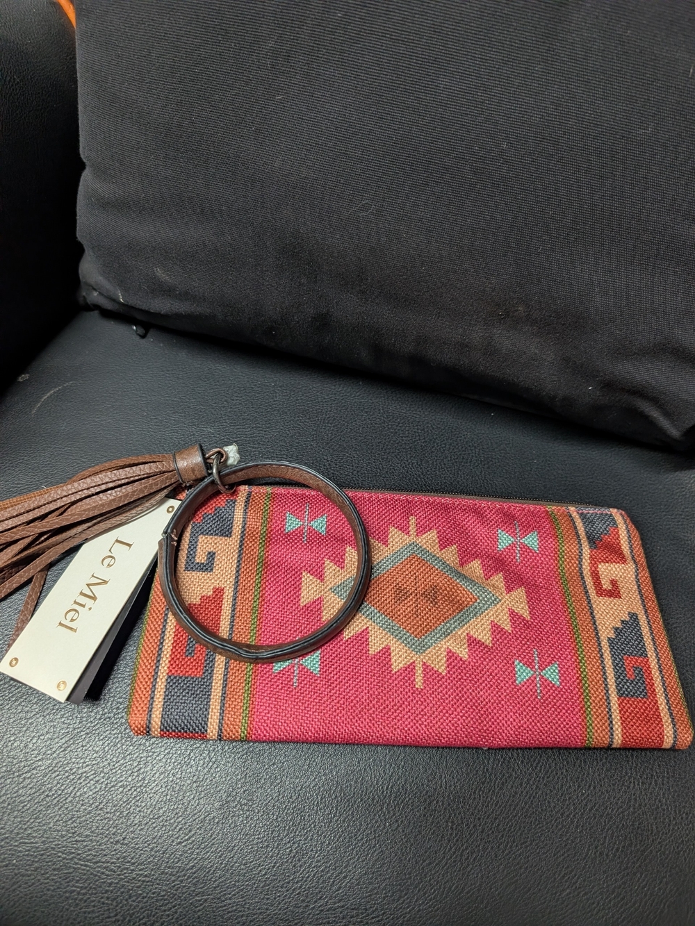 Le Miel Red Aztec-Print Wristlet Clutch with Tassel